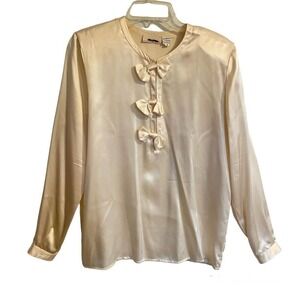 Vintage Mark Shale Size 6 Tunic Blouse Cream 100% Silk Bows Shoulder Pads 80s…